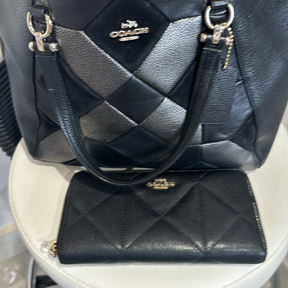 Coach Quilted Black Leather Tote with Matching Zip Wallet